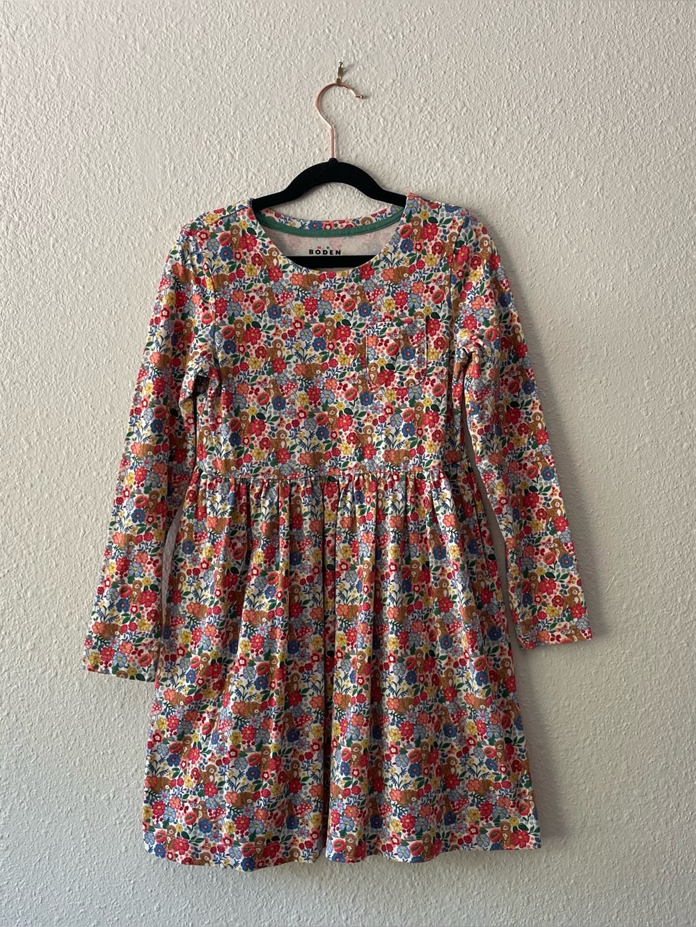 Mini Boden Girls Floral Cockapoo Doodle Dog Pocket Dress Size 9-10Y Cotton